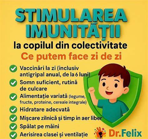 Infografic:- factori pentru imunitatea copiilor (alimentatie, somn, aer curat, miscare)