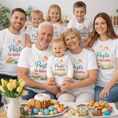 familie purtând tricouri asortate