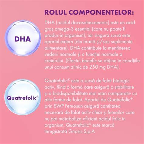 Analiză vizuală a compoziției Femosun: Quatrefolic, DHA, fier liposomal, vitamine
