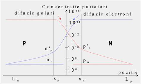 Diagramă difuzie: gradient de concentraţie şi curenţi de difuzie pentru electroni şi goluri