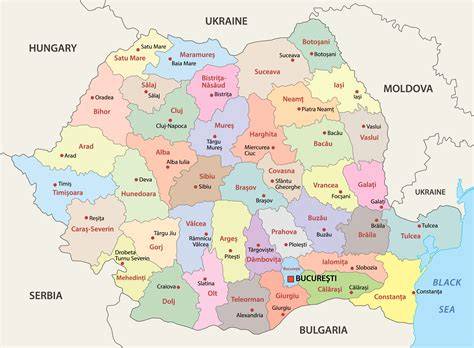 Infografic: hartaRomaniei cu județe identificate si simboluri