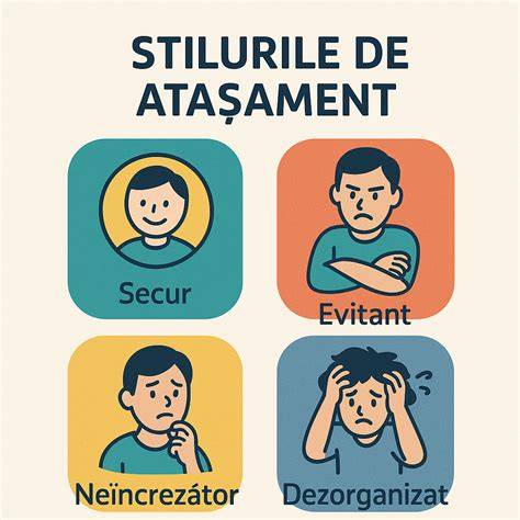 Diagrama relației: trei stiluri principale de atașament (sigur, anxios, evitant) cu variații adiacente, incluzând atașamentul dezorganizat