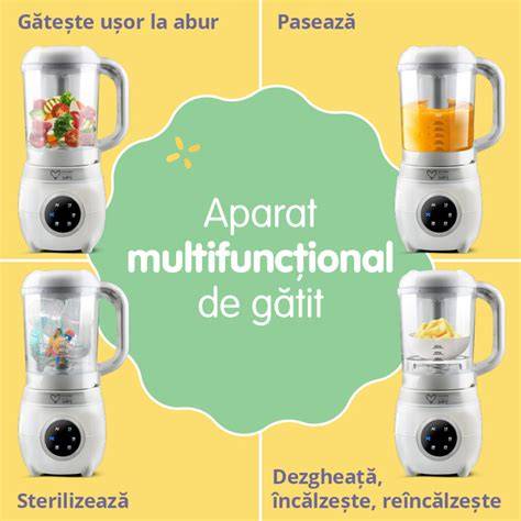 Imagini de utilizare a aparatului de gatit cu aburi pentru bebeluși: aburi, blender, recipiente pentru piure