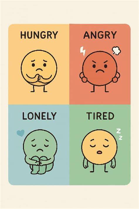 Diagramă: HALT - cele patru motoare ale tantrumului (Hungry, Angry, Lonely, Tired)