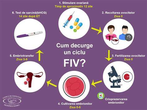Infografic despre pașii FIV pe ciclu natural: monitorizare cicl, recoltare, fertilizare, transfer embrionar, crioprezervare