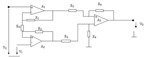 Schema unui amplificator de instrumentație cu trei amplificatoare operaționale