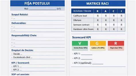 Schema: Elemente ale fișei postului (titlu, cerințe, responsabilități, KPI, raportare, program)