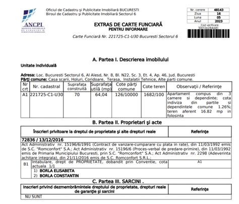 Exemplu de extras de carte funciară, evidențiind secțiunea pentru sarcini.