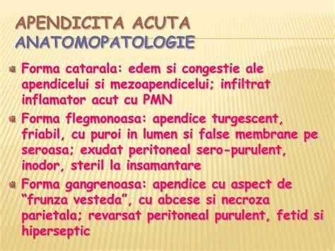 Diagrame: etapele evolutiei apendicitei - obstructie, inflamatia catarala, flegmonoasa, gangrenoasa, perforatie