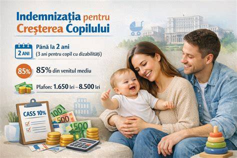Schema: calcul indemnizație creștere copil (85% din media veniturilor nete, plafon 8.500 lei)