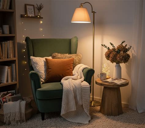 Colț de lectură confortabil, cu luminițe calde și perne