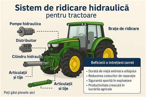 Diagramă a lanțului hidraulic: pompă → distribuitor → cilindru → tiranți