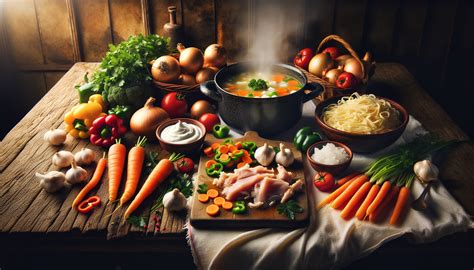 Infografic - Componentele unei supe de pui cu tăiței: carne de pui, legume, tăiței, condimente