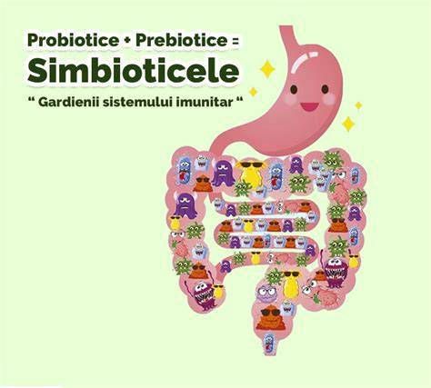 Diagramă: prebiotice, probiotice, simbiotice și efectele asupra microbiotei