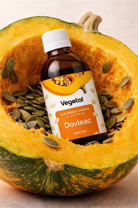 Imagine: ulei de dovleac în sticlă opulentă, cu fundal natural