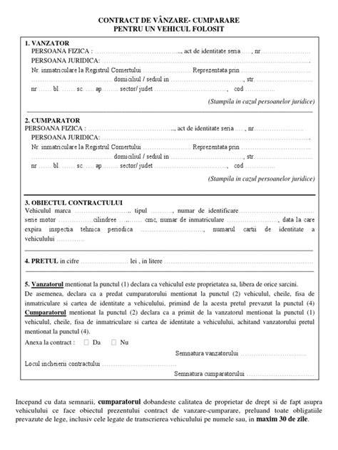 Imaginea unui formular-tip de Contract de Vânzare-Cumpărare Auto