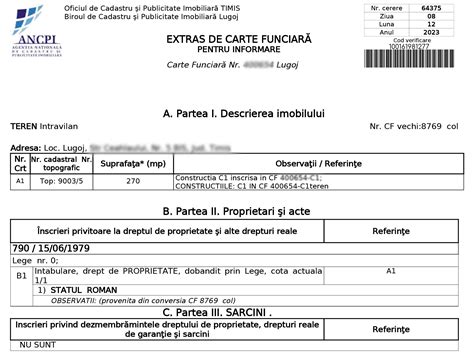 Structura numărului de carte funciară pentru apartament