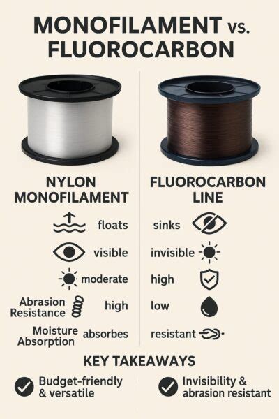 Infografic: Comparație monofilament vs textil vs fluorocarbon (parametri: elasticitate, trasabilitate, vizibilitate, scufundare)