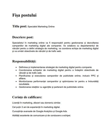 Imaginea unei fișe a postului cu câmpuri completate pentru profesori preuniversitari