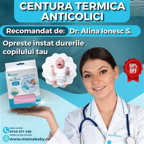 Infografic: Cum funcționează centura anticolici la bebeluși, cu localizarea presiunii ușoare pe abdomen și efectele asupra gazelor