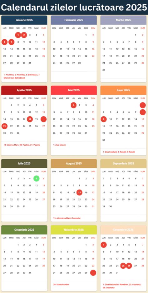Calendar cu zile lucrătoare marcate pentru intervenții