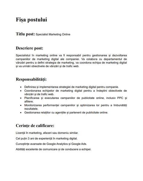 Șablon de fișă a postului: secțiuni obligatorii și exemple