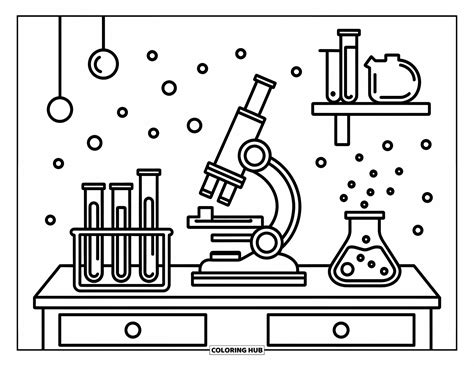 Ilustrație a unui laborator de bacteriologie cu eprubete și microscop
