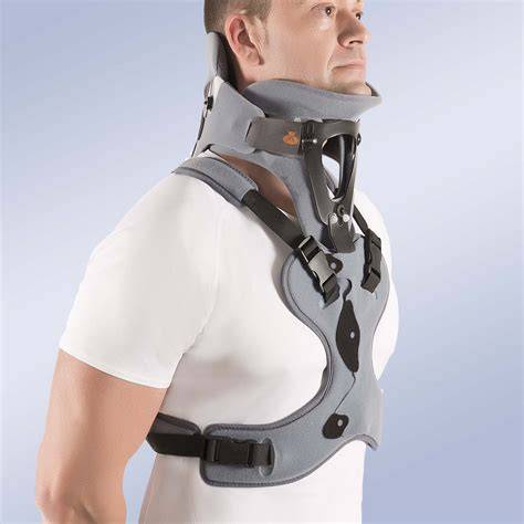 Diagramă a componentelor unui guler cervical: brațe, bărbie, suport toracic