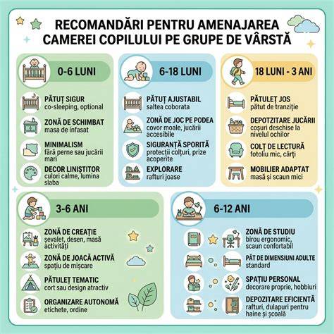 Infografic: principiile de amenajare a camerei bebelușului (zonare, siguranță, iluminare, depozitare)