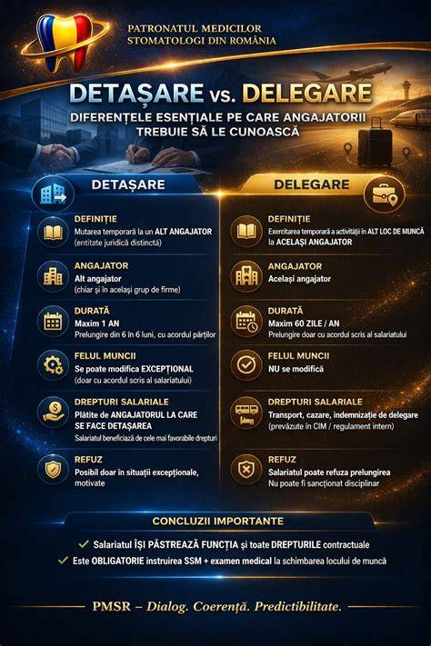 Infografica: Distincția delegare vs detașare, elemente cheie, durate maxime