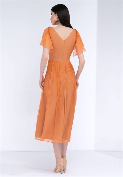 Rochie midi fluidă din mătase naturală pentru gravide, culoare caramel