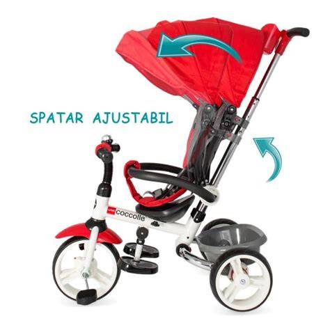 Imagini care ilustreaza Tricicleta Coccolle Urbio si Urbio Air: structura, scaun capitonat, sistem roata libera, roti EVA, tija ghidare, copertina.