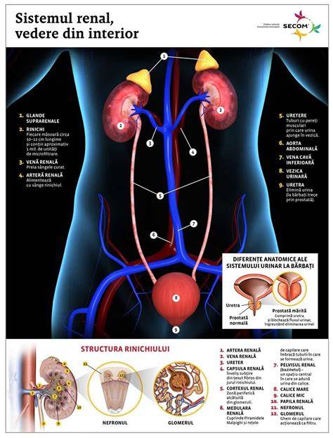 Sistemul urinar (rinichi, uretere, vezică, uretră) - ilustrație spațială