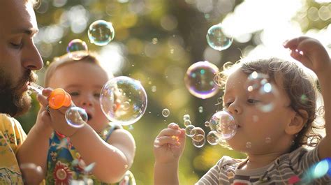 Copii care aleargă după baloane de săpun într-un parc