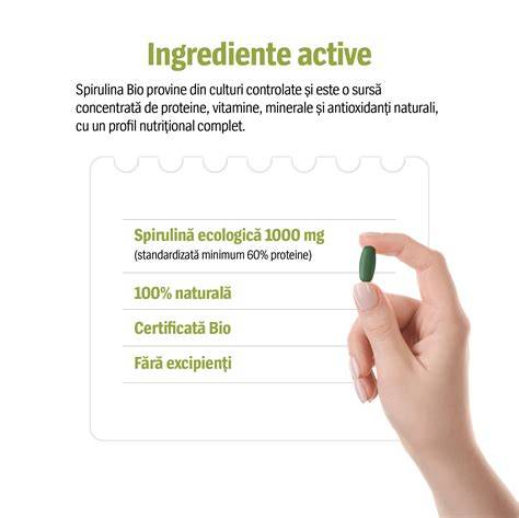 Imagine: Diagrama compoziției spirulinei (proteine complete, ficocianină, vitamine, minerale)