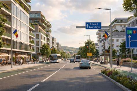 Imaginea literelor luminoase pe un bulevard urban românesc în noaptea Ajunului