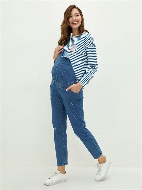 Salopetă de gravide din denim cu talie reglabilă, model Regular Fit, albastru denim