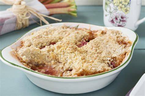 rhubarb and orange crumble served on a plate