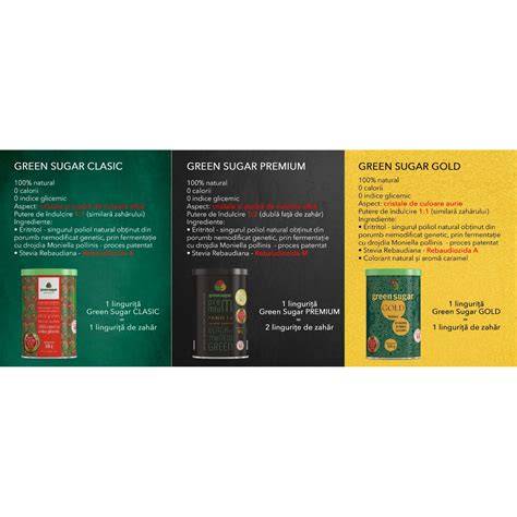 Infografic cu avantajele Green Sugar: zero calorii, zero indice glicemic, gust premiat, recomandări de utilizare