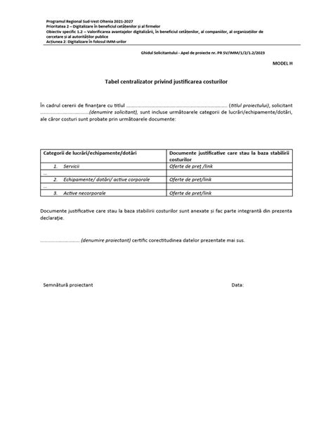 tabel sumaristic al costurilor estimative (exemplu pentru prezentare clinică)