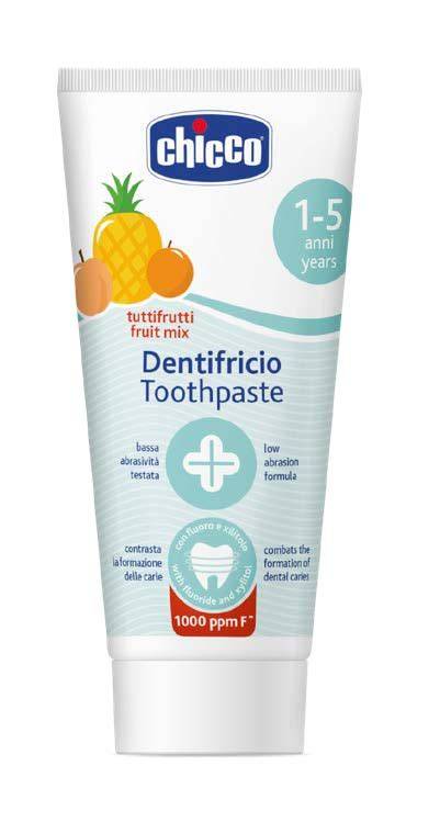Infografic: Componentele cheie ale pastei Chicco pentru copii (fluor, xilitol, arome, formulă neabrazivă)