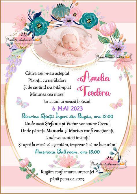 Carduri realizate pentru invitații de botez, cu spații de personalizare pentru dată, ora, biserică și restaurant