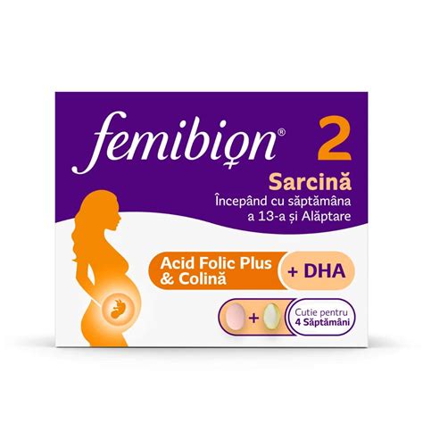 Infografic: Compoziția Femibion 2 și rolul nutrienților principali (acid folic, Metafolin, DHA, vitamine, minerale)