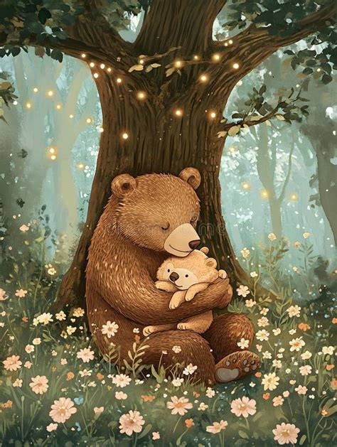 Mother bear and cub in forest illustration