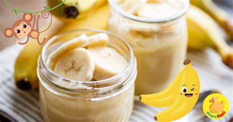 Banana introdusa in varste diferite ale diversificarii (piure la 6 luni, bucati la 9 luni, bucati pentru mușcare la 1 an)