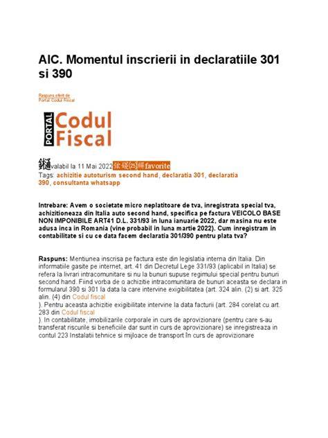 Schematizare: etapele inregistrarii AIC si declaratiile 301/390