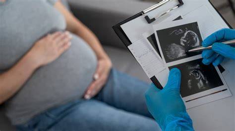 Infografic: Flux-ul morfologiei fetale în trimestrul II, cu reperele principale (cap, inimă, plăci, ficat, rinichi, coloană, placentă, lichid amniotic)