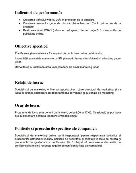 Infografic: componentele fișei postului (titlu, descriere, cerințe, obiective, KPI, raportare, program, politici, model)