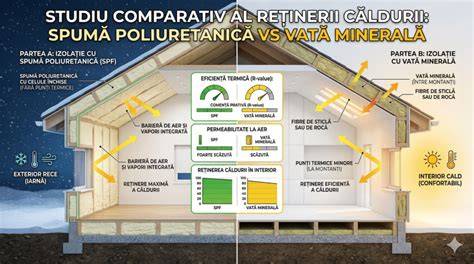 Infografic: comparativ pluta expandată vs. vată minerală, polistiren, spumă poliuretanică