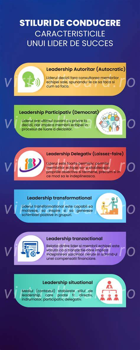 Infografic despre stiluri de leadership: autoritar, democratic, transformațional, tranzacțional, laissez-faire, carismatic